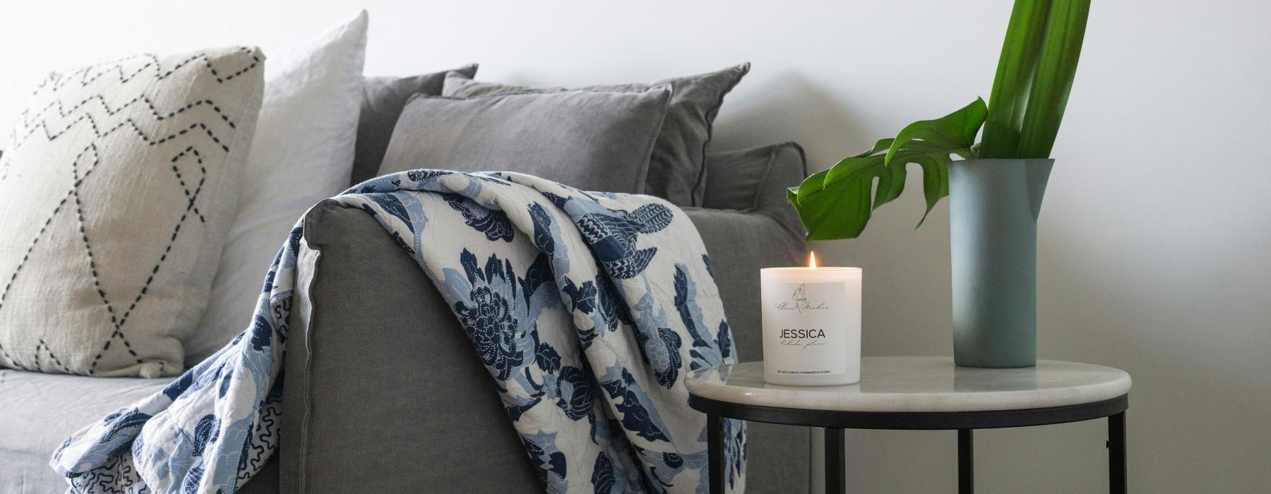 a couch with a coffee table and a plant on it